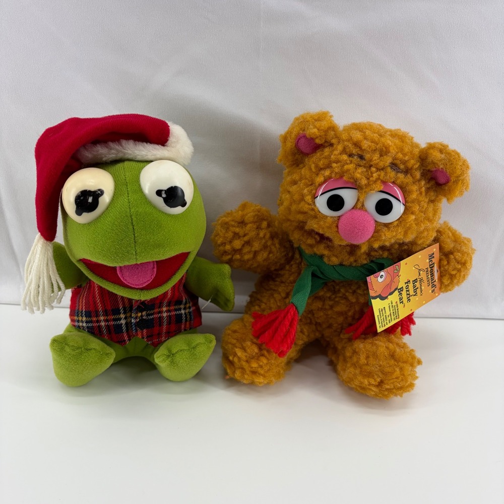 Vintage 1987 McDonalds Muppet Babies Plush Baby Kermit Santa & Fozzie Bear Set